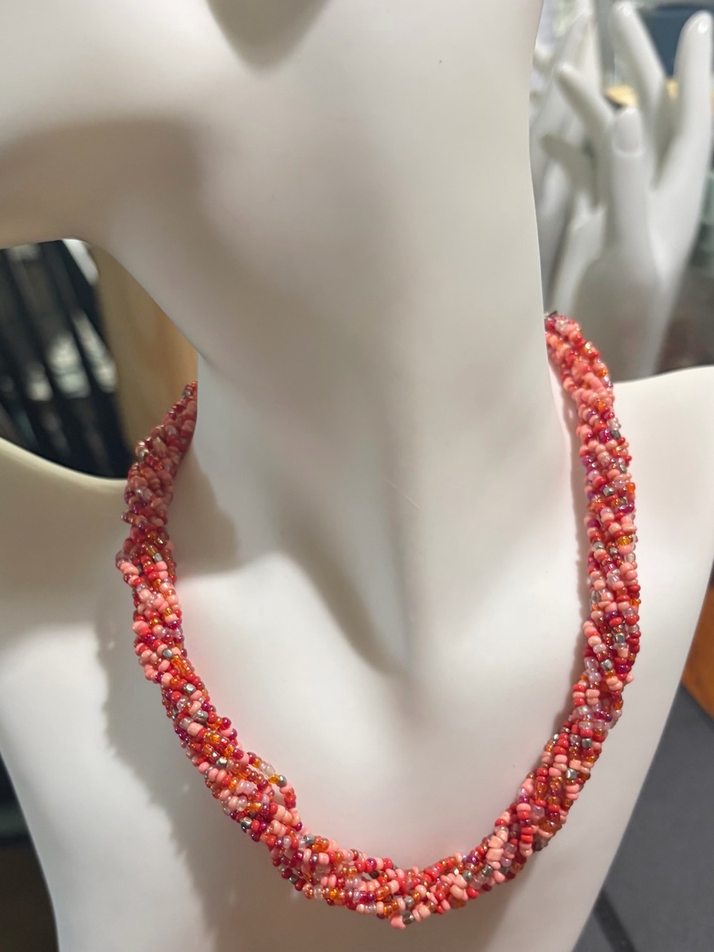 Handmade Coral-Pink Braided Seed Bead Necklace wear it 2 ways